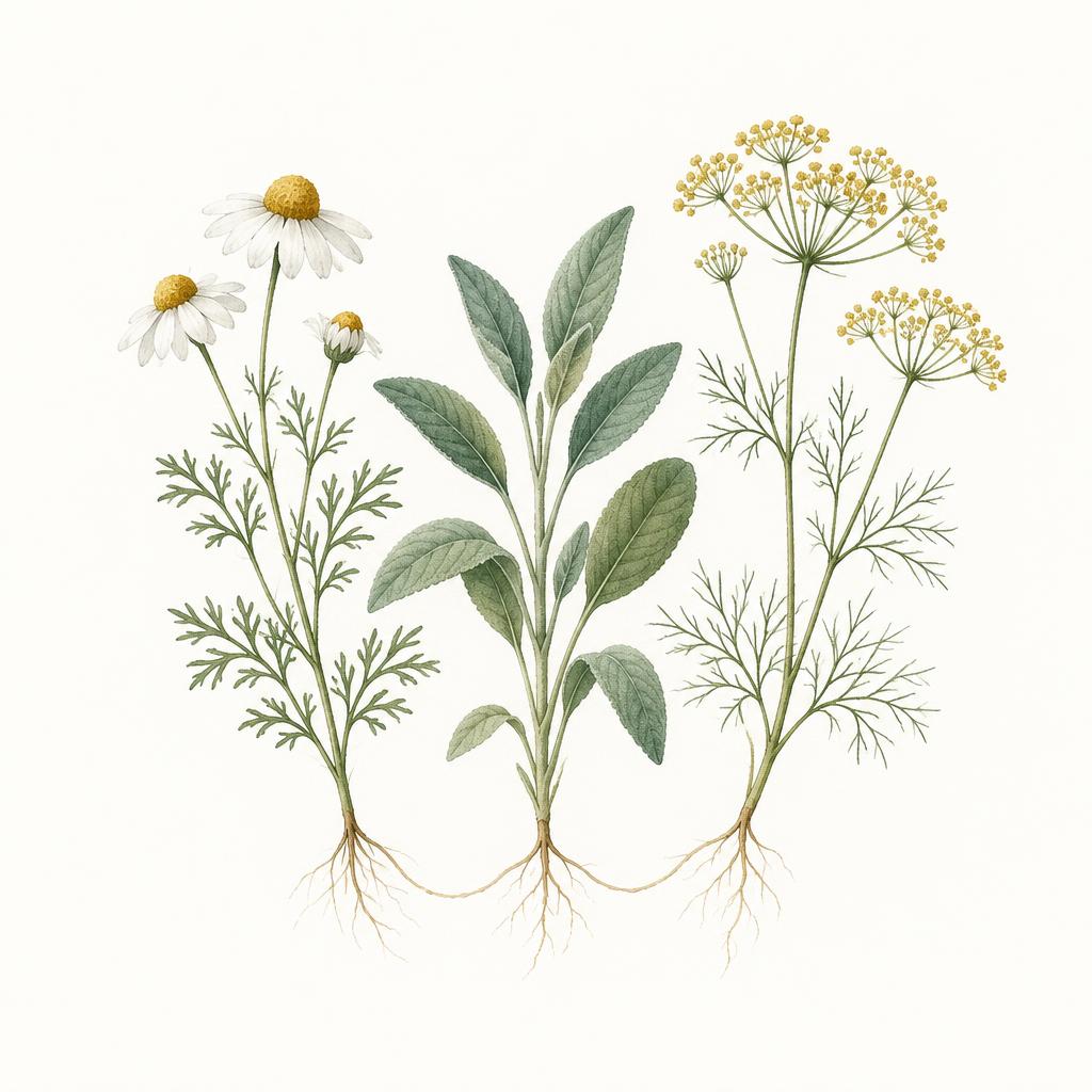 Botanische Aquarellillustration mit Kamille, Salbei und Fenchel.