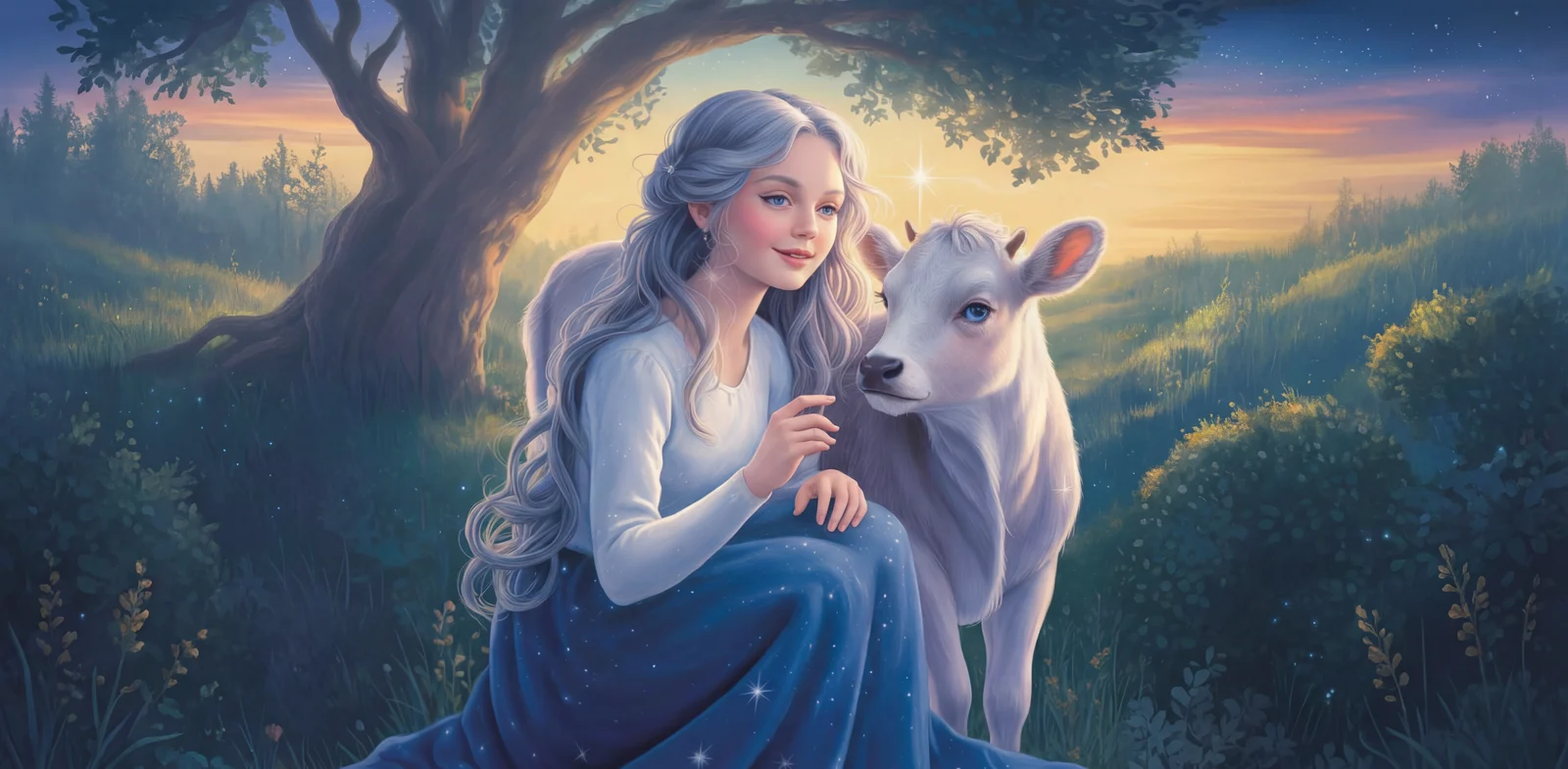 Illustration aus „Die drei Gaben“: Johanna sitzt in der Abenddämmerung unter einem Baum, neben ihr das weiße Kalb Lora.