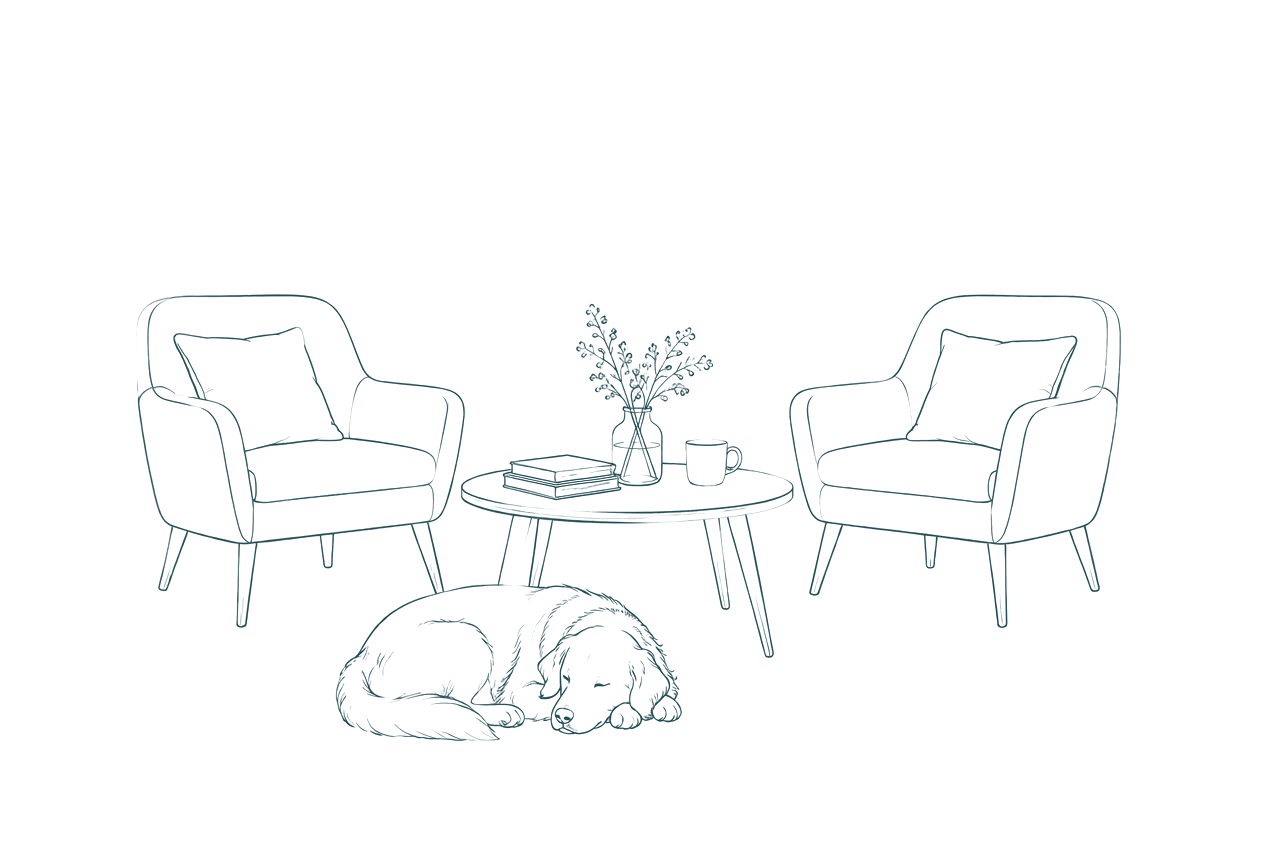 Strichzeichnung: Zwei Sessel und ein Couchtisch im Wartebereich der Praxis, ein Hund schläft friedlich davor.