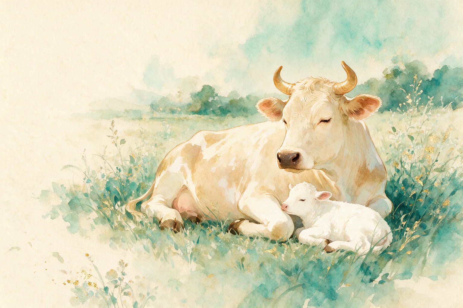 Aquarell: Eine Kuh liegt mit ihrem Kalb entspannt im Gras, umgeben von Blättern in Petrol und Gold.