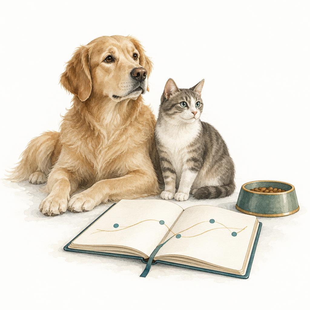 Aquarellillustration: Hund und Katze neben einem Beobachtungstagebuch und einem Futternapf.